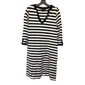 Brooks Brothers Navy & White Striped Knit Dress 3/4 Sleeves V-Neck Size L Cotton